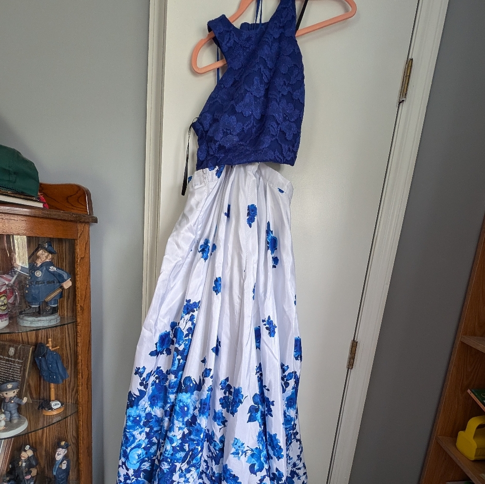 Blue white two piece prom dress